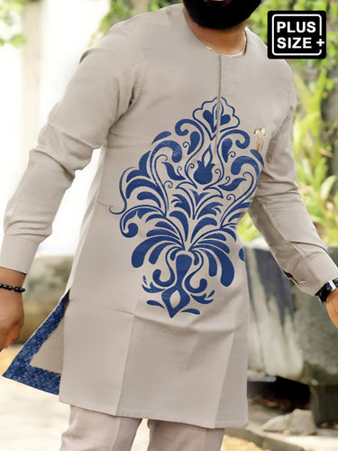 TACOHEAL Plus Size Ethnic Flower Printed Khaki Men's Set