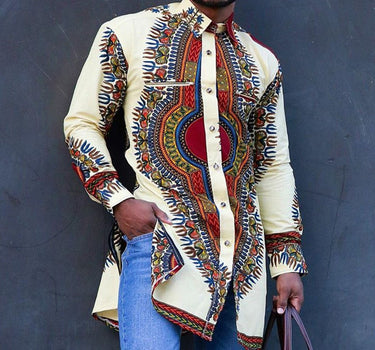 New Turndown Collar Ethnic Printed Long Sleeve Men's Shirt