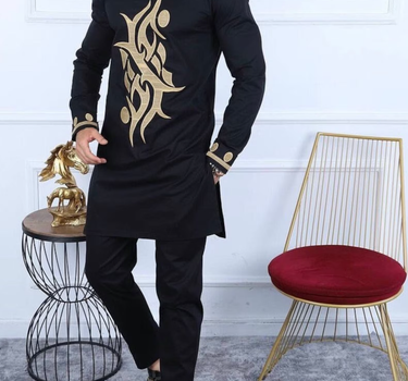 Traditional Embroidered Pattern Casual Black Shirt And Pants