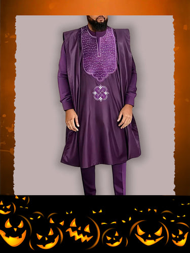 TACOHEAL Ethnic Embroidered Men's Purple Agbada 3 Pieces Set