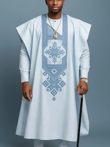 TACOHEAL Embroidery Blue Agbada 3 Pieces Set For Men