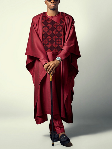 TACOHEAL Men's Embroidery Red Agbada 3 Pieces Set