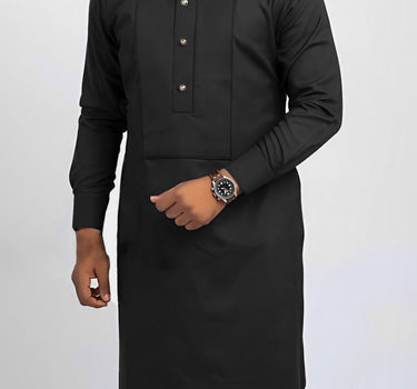 Casual Round Neck Black Plain Button Men's Set