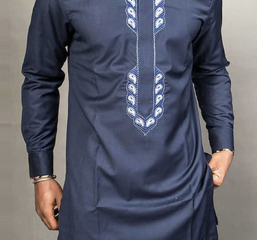 Plus Size Blue Dashiki Ethnic Embroidered Men's Set