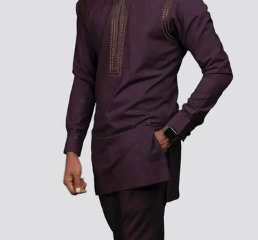 Traditional African Round Neck Red Embroidered Men's Set