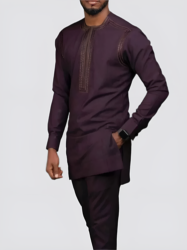 TACOHEAL Traditional African Round Neck Red Embroidered Men's Set