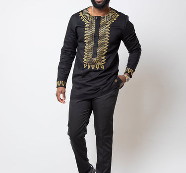 African Ethnic Embroidery Crew Neck Black Men's Set