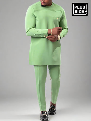 TACOHEAL Plus Size Green Pleated Design Long Sleeve Men's Set