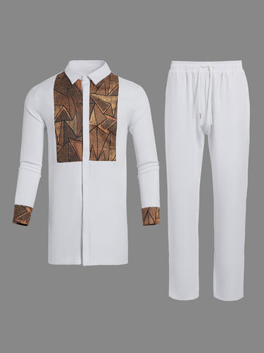 TACOHEAL African Turndown Collar Digital Printed White Men's Set