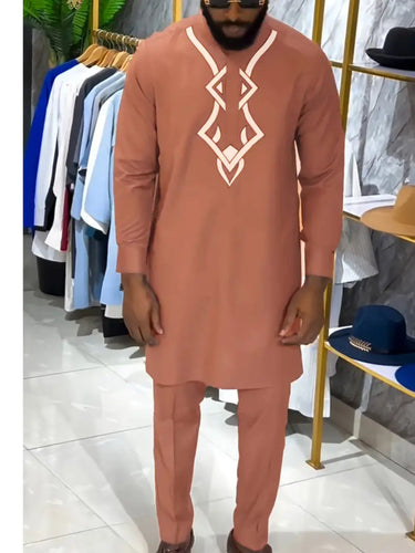 TACOHEAL Brown Dashiki Ethnic Embroidered Men's Casual Set