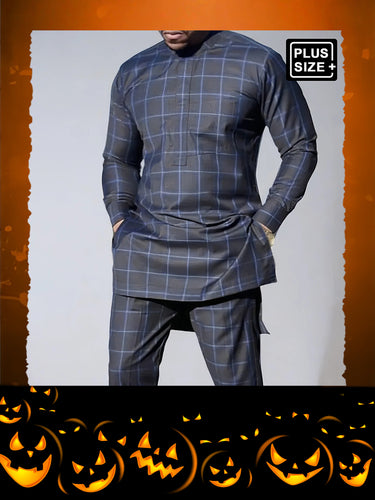 TACOHEAL Plus Size Black Plaid Printed Long Sleeve Men's Set