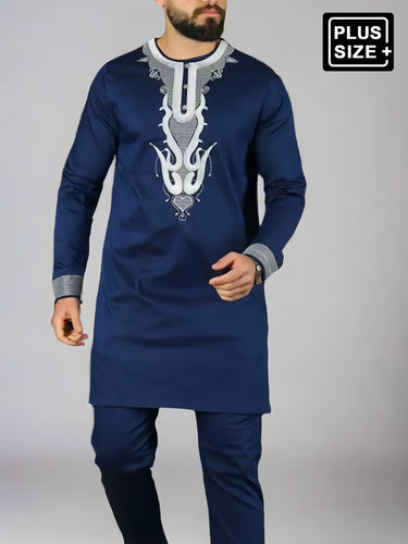 TACOHEAL Plus Size African Dashiki Embroidered Blue Men's Set