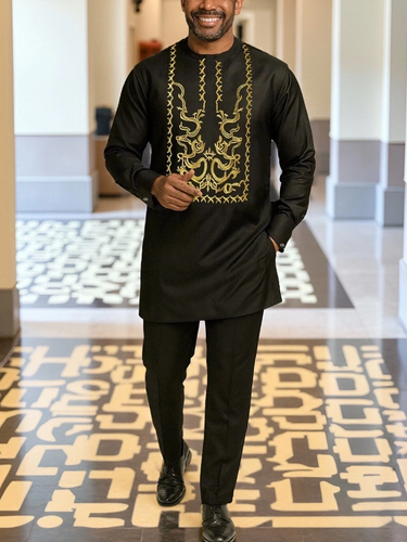TACOHEAL Ethnic Embroidered Black Men's Pants Set