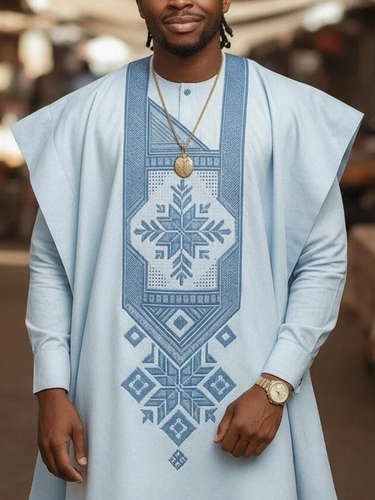 TACOHEAL Embroidery Blue Agbada 3 Pieces Set For Men