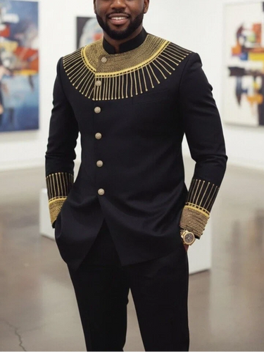 TACOHEAL Ethnic Embroidery Button Down Men's Pants Set