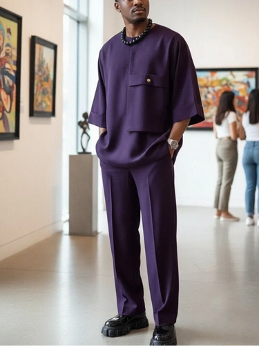 TACOHEAL New Black Round Neck Men's Pants Set