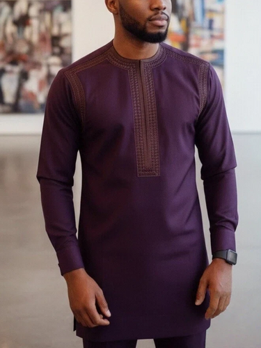 TACOHEAL Traditional African Round Neck Red Embroidered Men's Set