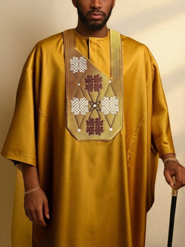 TACOHEAL Embroidery Yellow Agbada 3 Pieces Set For Men