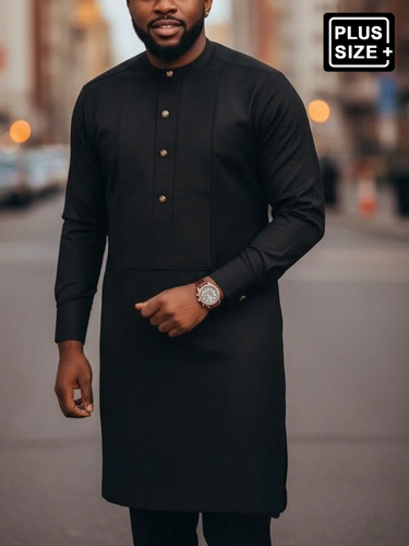 TACOHEAL Plus Size Black Plain Button Long Sleeve Men's Set