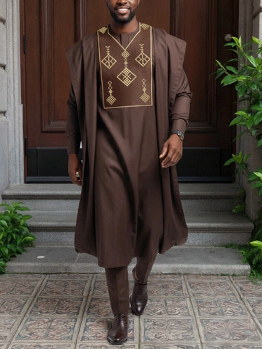 TACOHEAL Brown Embroidered 3-Piece Agbada Set For Men