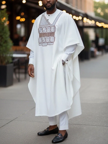 TACOHEAL African Embroidery White Agbada 3 Pieces Men's Set