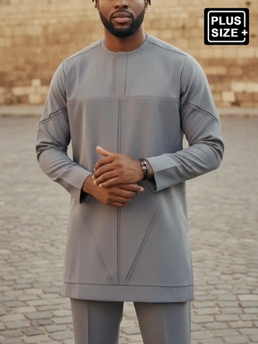 TACOHEAL Plus Size Plain Round Neck Pants Set