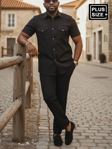 TACOHEAL Plus Size Turndown Collar Pants Set With Pocket