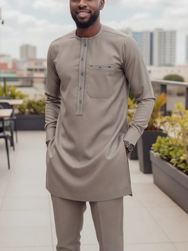 TACOHEAL Gray Embroidered Pants Set With Pockets