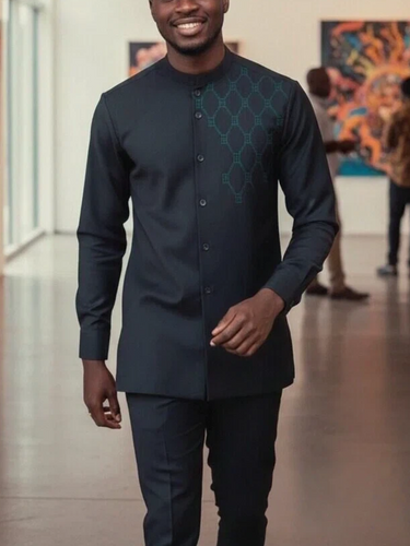 TACOHEAL Embroidered Button Down Long Sleeve Men's Set