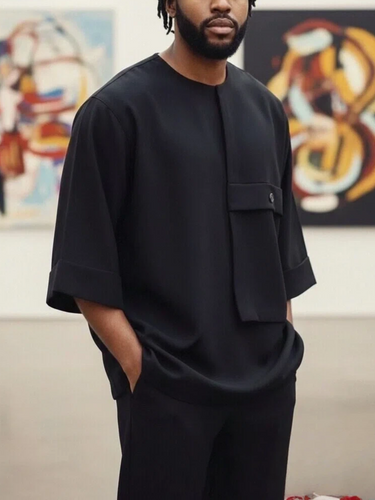 TACOHEAL New Black Round Neck Men's Pants Set