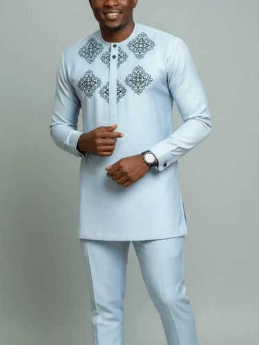 TACOHEAL Ethnic Embroidered Long Sleeve Pants Set For Men