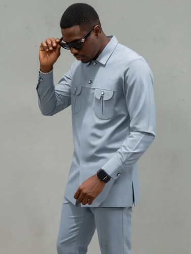 TACOHEAL New Solid Long Sleeve Button Down Men's Set