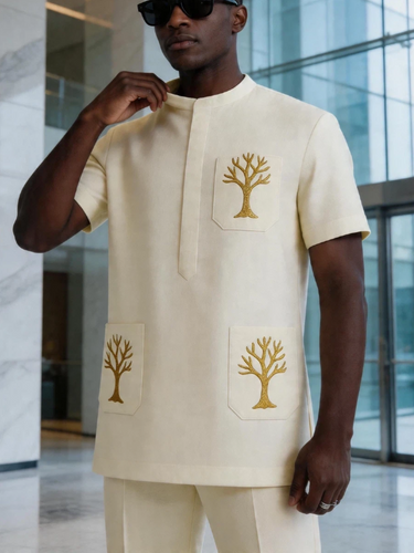 TACOHEAL Tree Embroidered Short Sleeve Men's Set