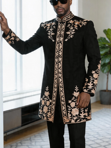 TACOHEAL Zip-Up Plant Embroidered Men's Pants Set