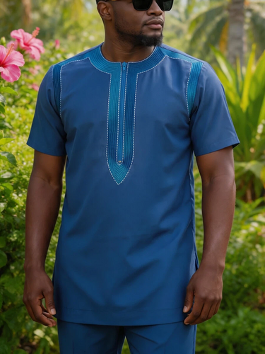 TACOHEAL Embroidered Blue Short Sleeve Men's Set