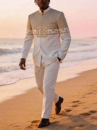 TACOHEAL Printed Long Sleeve White Men's Pants Set