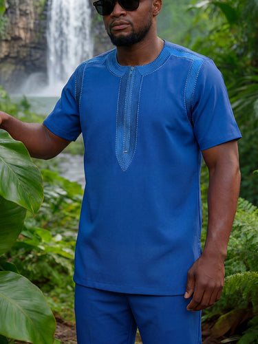 TACOHEAL Embroidered Blue Short Sleeve Men's Set