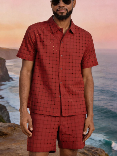 TACOHEAL Turndown Collar Eyelet Short Sleeve Men's Set