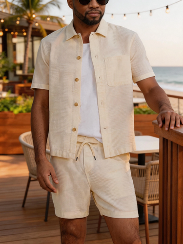 TACOHEAL Button Down Solid Short Sleeve Men's Set