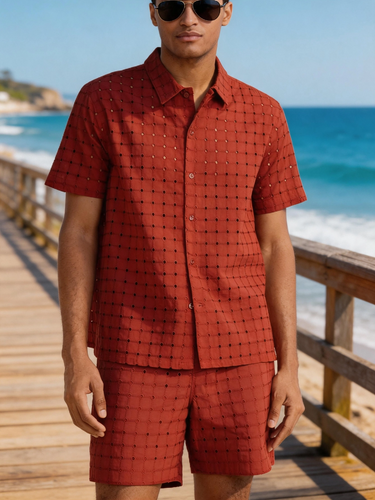 TACOHEAL Turndown Collar Eyelet Short Sleeve Men's Set