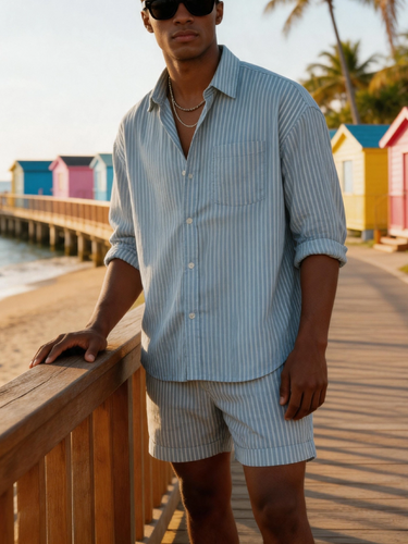 TACOHEAL Striped Print Button Down Men's Set