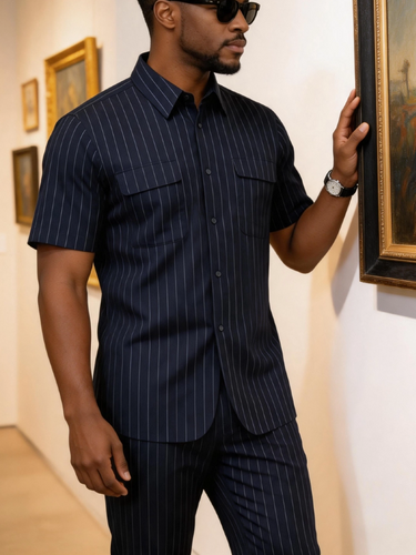 TACOHEAL Striped Print Short Sleeve Button Men's Set