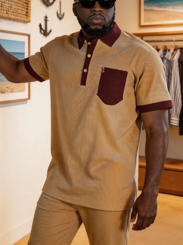 TACOHEAL Colorblock Turndown Collar Men's Pants Set