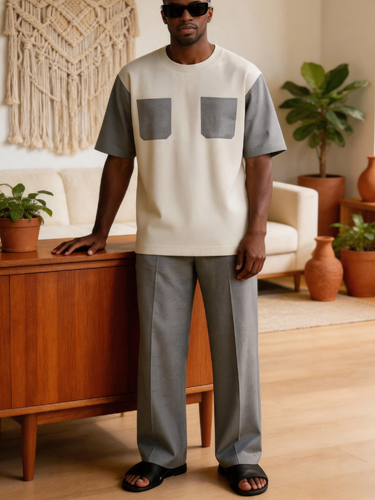 TACOHEAL Round Neck Colorblock Men's Pants Set
