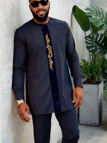 TACOHEAL Embroidered Round Neck Long Sleeve Men's Set