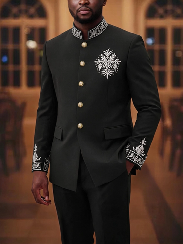 TACOHEAL Mandarin Collar Embroidered Long Sleeve Men's Set