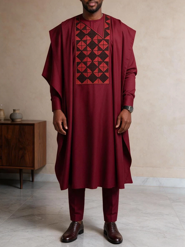 TACOHEAL Men's Embroidery Red Agbada 3 Pieces Set