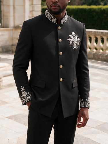 TACOHEAL Mandarin Collar Embroidered Long Sleeve Men's Set