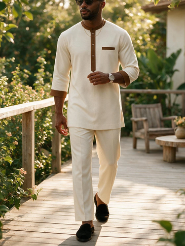 TACOHEAL Colorblock Mandarin Collar Men's Pants Set