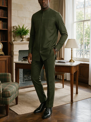 TACOHEAL Solid Button Down Long Sleeve Men's Set
